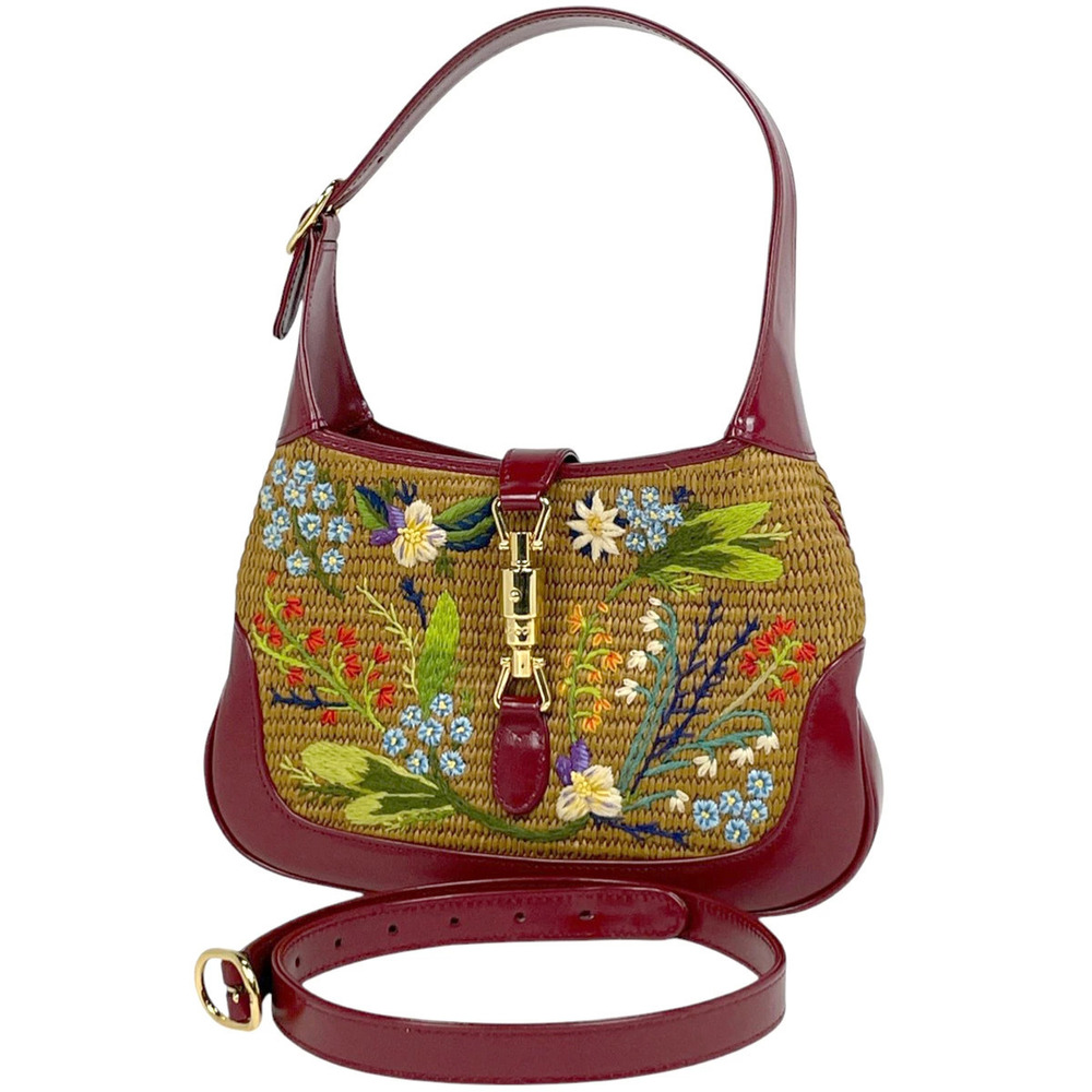 Gucci Jackie 2way Shoulder Bag Floral Embroidery Leather Red Brown Multicolor